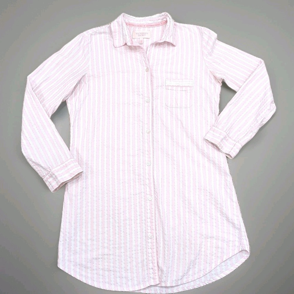 Victoria's Secret Sleep Shirt Size XS Pink Silver Metallic Stripe Lightweight LS
